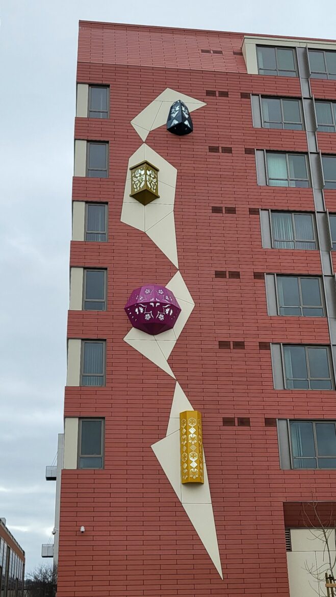 Home and the World sculpture by Ranu Mukherjee. Fabricated & installed by Gizmo Art Production in San Francisco at the Mercy House on 7th Street