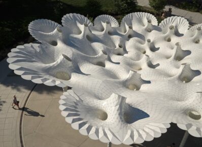 Piloti sculpture drone view by TheVeryMany fabricated & installed by Gizmo Art Production in Bellevue, WA