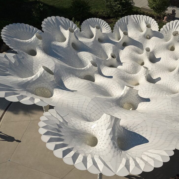 Piloti sculpture drone view by TheVeryMany fabricated & installed by Gizmo Art Production in Bellevue, WA