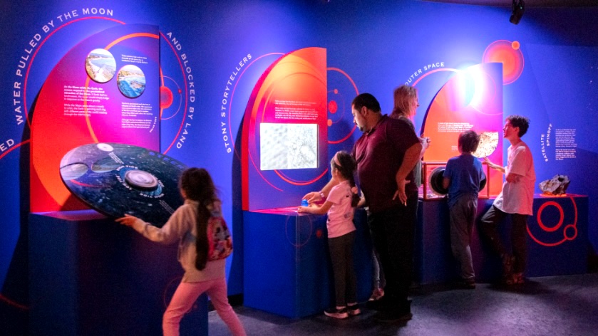 Interactive solar system exhibit Spaceworks fabricated and installed by Gizmo at Santa Barbara Museum of Natural History.