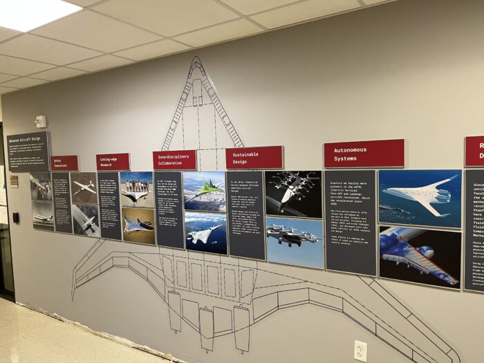 Stanford university Aeronautics Wall of Advanced Aircraft Design. Fabricated and Installed by Gizmo Art Production.