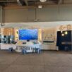 Custom interactive exhibit at the Seymour Marine Discovery Center featuring digital media displays, touchscreen stations, modular artifact cases, and laser-cut kelp-inspired graphics in a Monterey Bay–themed environment.