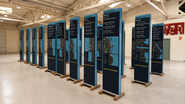 Completed Port of San Francisco waterfront wayfinding signs fabricated by Gizmo Art Production.