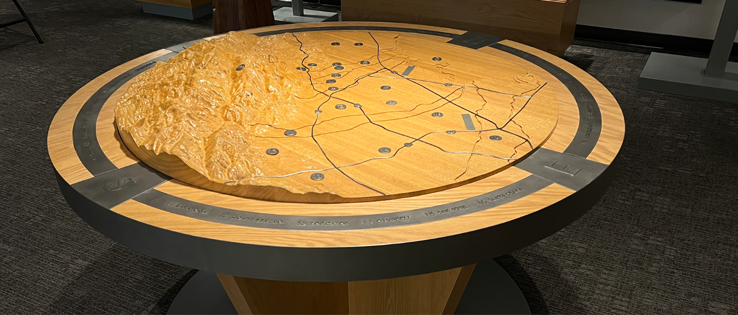 Los Altos History Museum. Topographic with metal medallions and roads inlaid.
